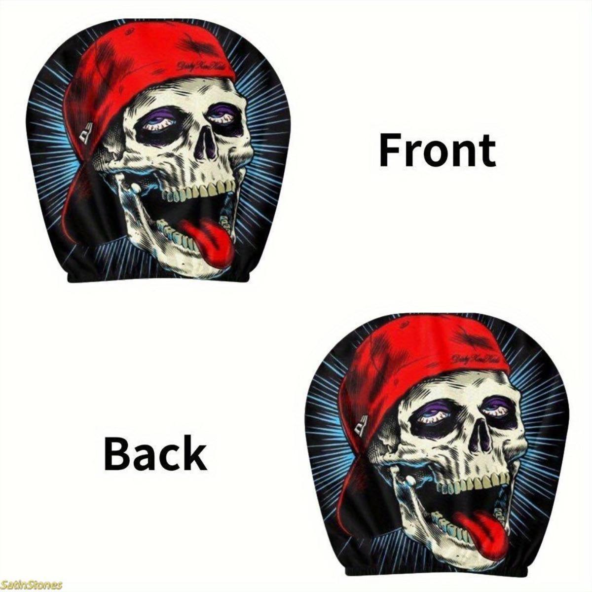 Gothic Hip Hop 2-Pack Car Headrest Covers with Skull Print, Soft Fabric, Easy Installation, Hassle-Free Wash, Durability Enhancement, Universal Fit Vehicle Decoration for Road Trips