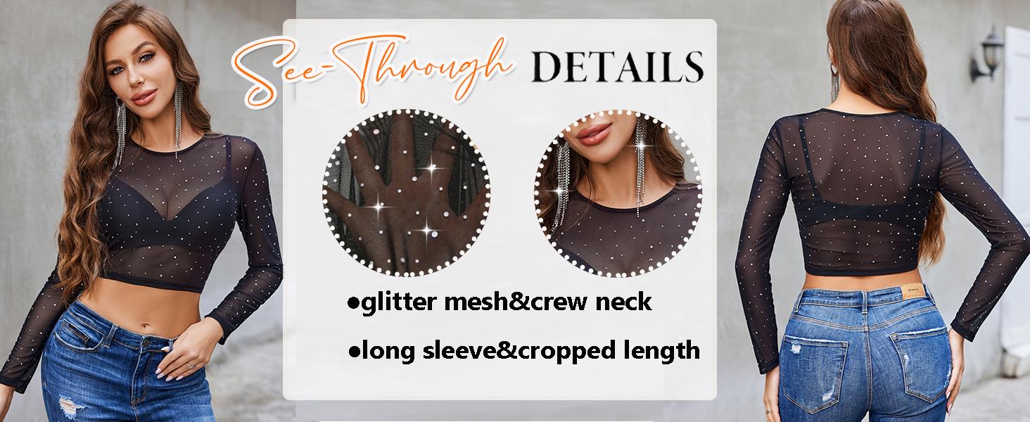 Avidlove Womens Sparkly Rhinestone Mesh Top Long Sleeve Sheer Shirt Crewneck Glitter Tops See Through Crop Top