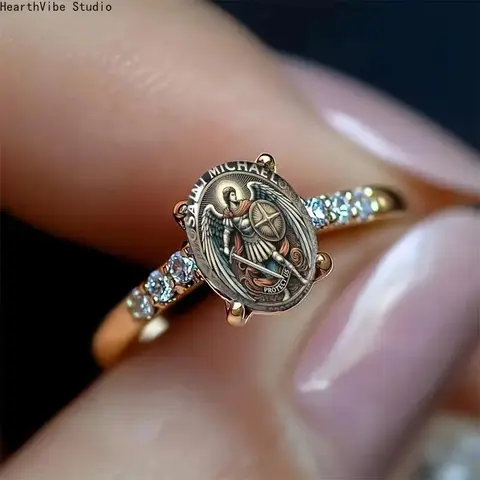 14K Gold Plated Saint Michael Archangel Unisex Religious Crystal Charm Intaglio Band Ring, Cubic Zirconia Protection Signet Jewelry, Daily Wear Gift for American Football Fans (Sports & Outdoor Fan Shop)