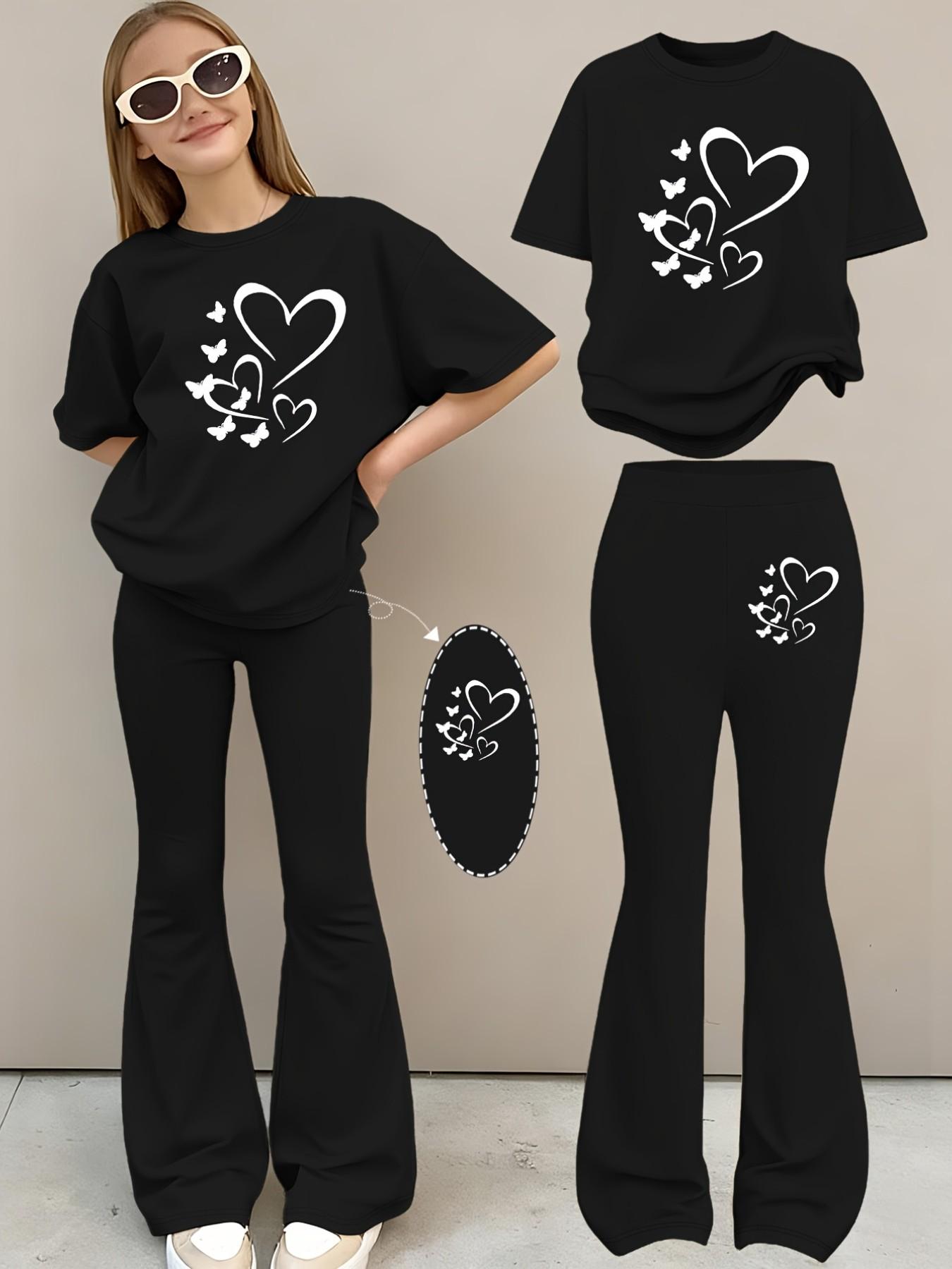 2pcs Girls Summer Fashion Print Drop Shoulder Short Sleeve T-Shirt + Elastic Bell Pants Set, Comfortable Soft Sweat Round Neck T-Shirt + Casual Bell Pants