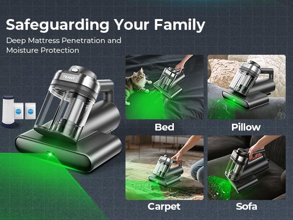 Teant Powerful Mattress Bed Vacuum Cleaner, 2-Speed (14kPa/18kPa) Mattress Vacuum with Green Light Dust Detection, 253.7nm UV-C Light, LED Display, HEPA Filter, 149℉ Heat, Aroma for Bed Couch Carpet