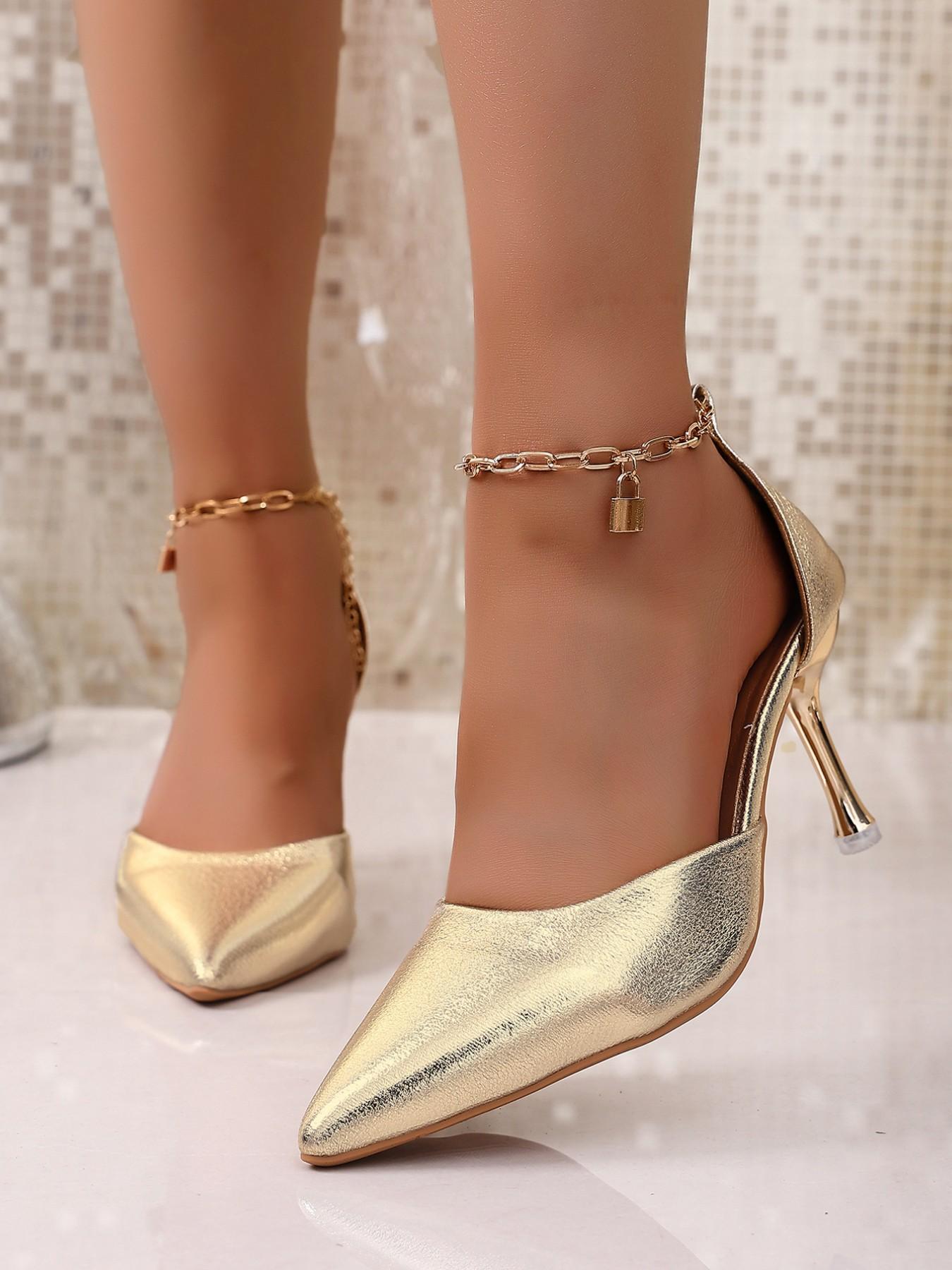 2026 New Pointed Toe High Heel Shoes, Metal Chain Strap Hollow Out Single Shoe, Sexy Party Wedding Shoes, Silver Color