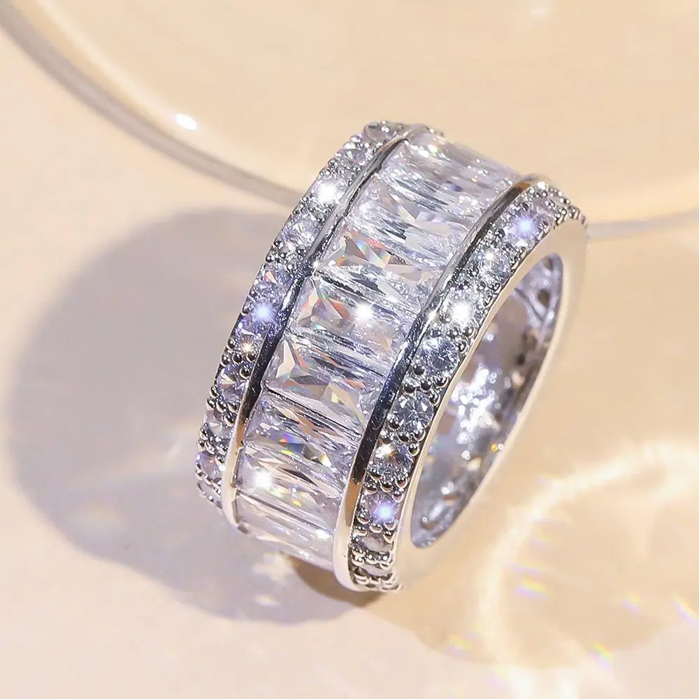 Women's Baguette-Cut Full Eternity Wide Band Ring - Dual Pave Milgrain Edge Statement Jewelry, Casual & Evening Wear, Ring Stack Compatible, Sizes 6-10, Valentine/Christmas Gift for Women