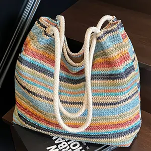 New Women'S Colorful Striped Pattern Straw Woven Contrast Patchwork Tote Bag, Large Capacity Multi-Compartment Multicolor Design Versatile Woven Shoulder Bag, Perfect Choice for Shopping And Outings Spacious Shoulder Handbag