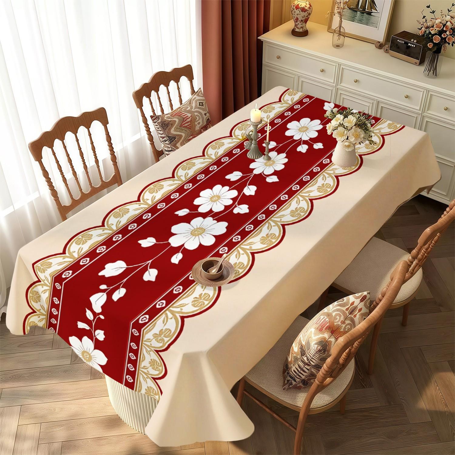 Rectangular Light Beige Tablecloth, with Red Floral-patterned Gold-bordered Table Runner, Perfect for Cozy Homey Dining Area, Elegant Design, Premium Fabric, Enhances Dining Ambiance