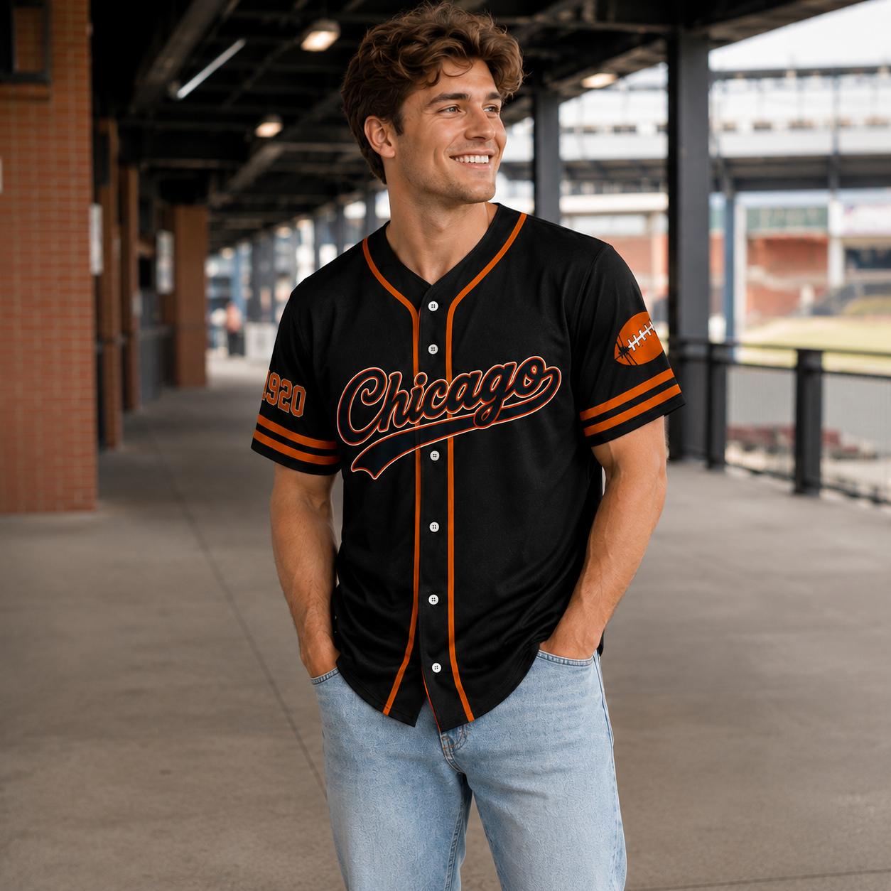 Unisex Regular Fit Button Front Football Team Baseball Jersey, Short Sleeve Game Wear Game Day Top for Football Lovers, Black/Orange/Navy Sport Casual Everyday Outfit - Multiple Colors Available