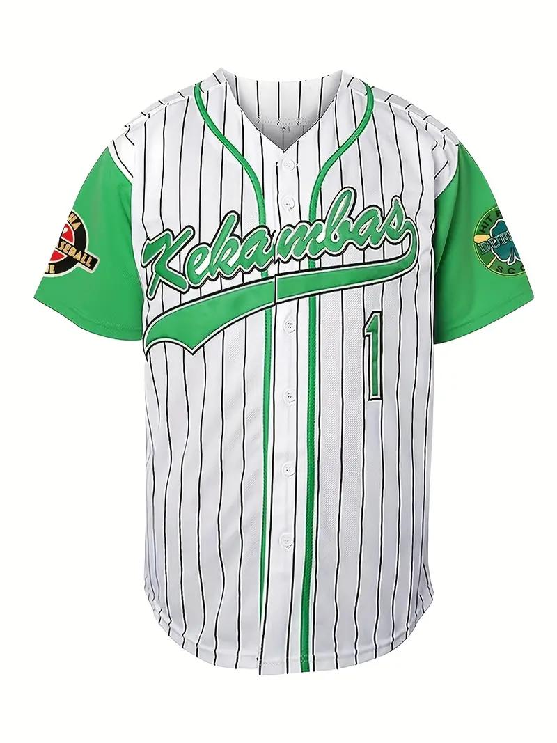 Retro-Inspired Men's Baseball Jersey Green & White Striped, V-Neck, Short Sleeve, 100% Polyester, Machine Washable - Perfect for Team Sports, Outdoor Activities, Parties, and Casual Wear SpringStatements Retro-Inspired Men's Baseball Jersey Green & White Striped, V-Neck, Short Sleeve, 100% Polyester, Machine Washable - Perfect for Team Sports, Outdoor Activities, Parties, and Casual Wear SpringStatements
