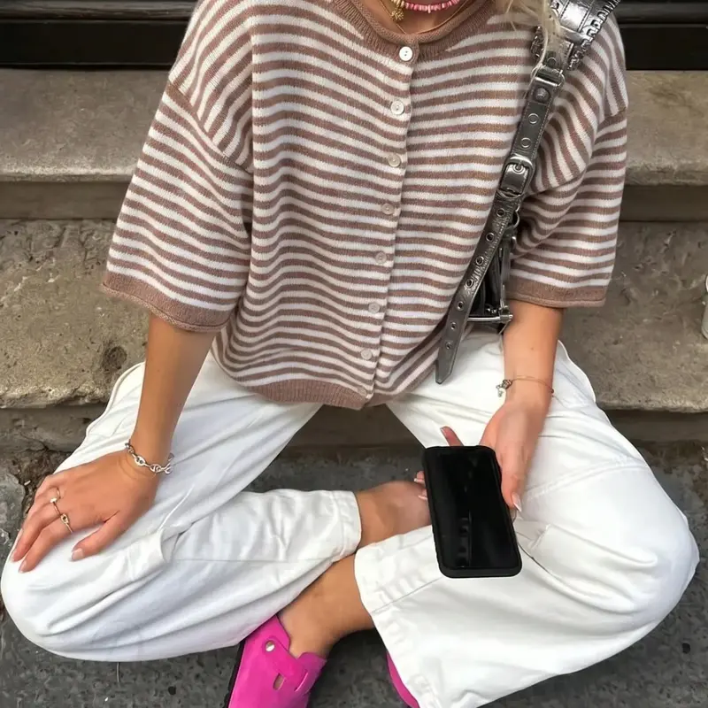 Women's Casual Striped Knit Top, Five-Quarter Sleeve Button Front, Loose Fit, Spring Summer Fall, Street Style, Date Night, Striped Casual Sweater