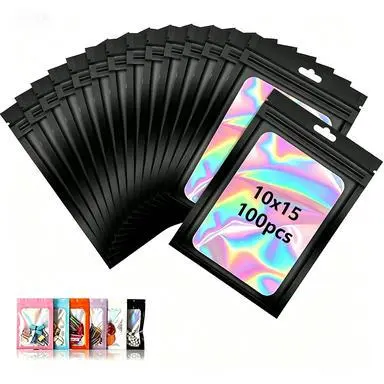 100-Pack 4x6 in Holographic Zippered Plastic Storage Bags, Odor-Resistant Hangable Organiser Pouches with View Window for Jewelry & Candy, Small Items
