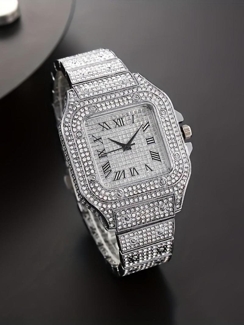 A square-shaped men's quartz watch featuring a starry sky design on the dial, stainless steel strap, diamond embellishments, and Roman numerals, Diamond Wrist Watch