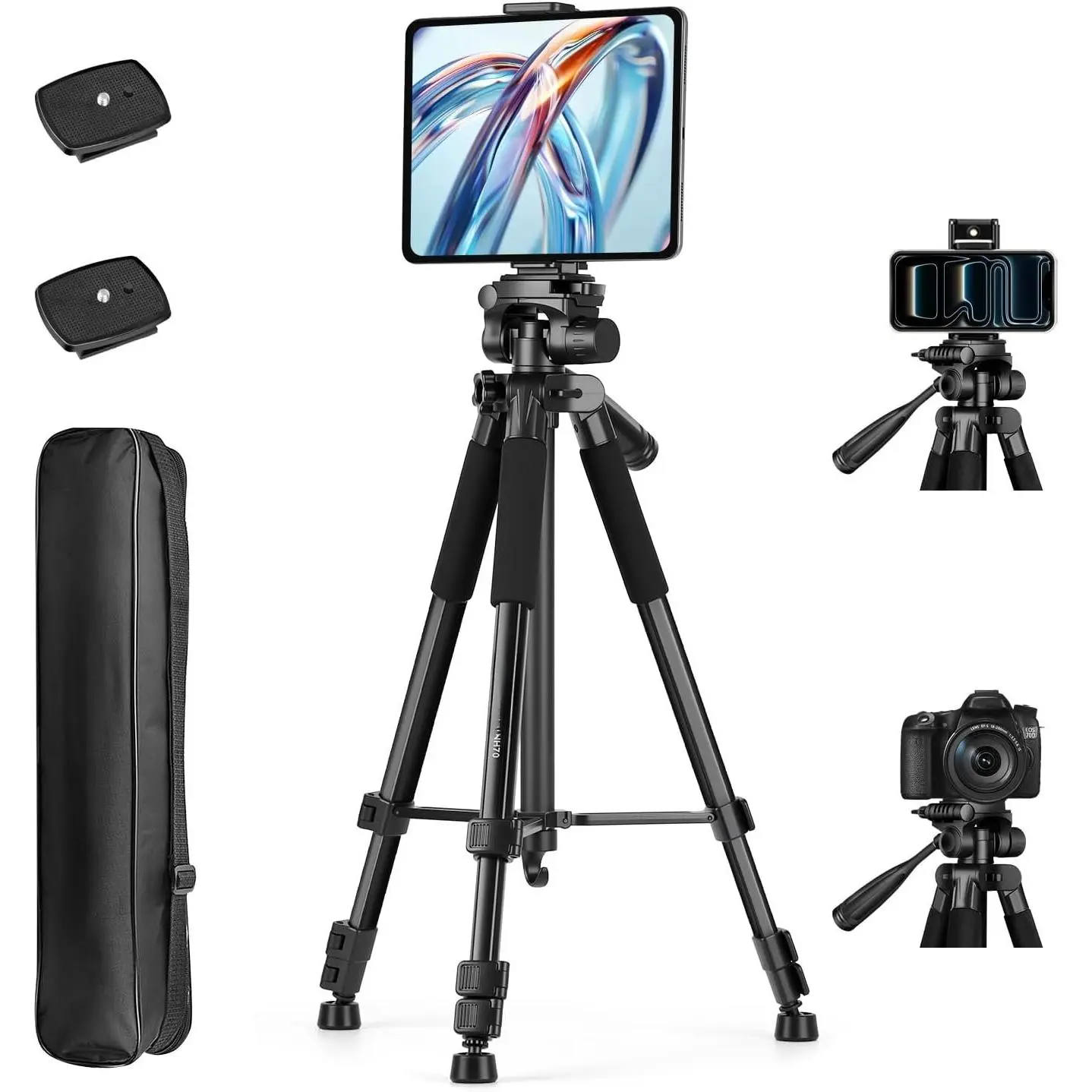67" Phone iPad Tripod, Professional Camera Tripod | Tripod for Tablet  with 2-in-1 Holder & Carry Bag, Travel Tripod for Cellphone Camera Video Recording Live Vlogging