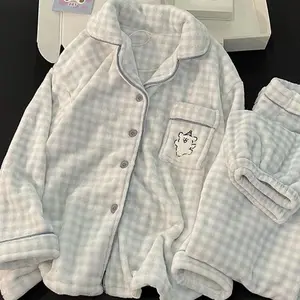Plaid Sleepwear Women Pajama Set Winter Piiama Fleece Pants Sets 2 Pieces Korean Cute Night Wears Warm Button Sleeping Home Suit