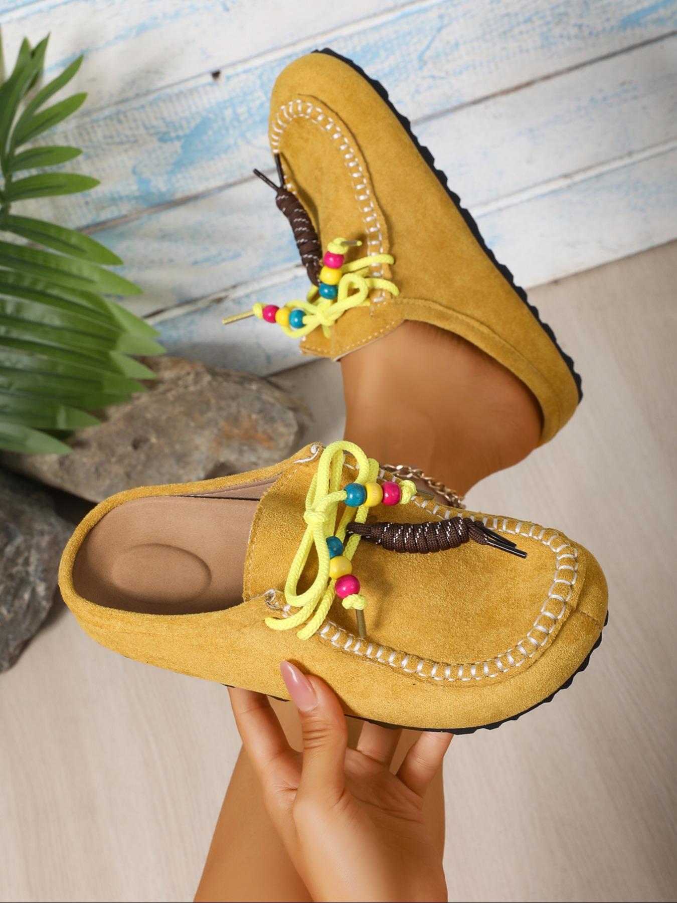 2025 New Women's Round-Toe Cork suede Clog Mules –Boho Beaded Suede Tassel Mules – Women’s Vintage Slip-On Clogs with Arch Support, Soft Cork Sole, and Colorful Beads – Cozy Fall Flats for Walking & Home Foot Clogs