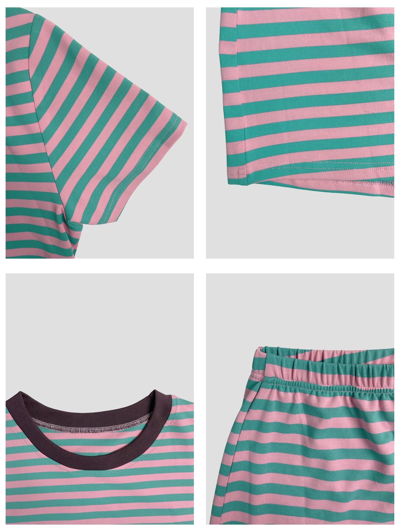 Women's Loose Short Sleeve Striped Top + Casual Striped Shorts Set Outfit, Travel, Fitted Style, All Seasons, Regular Length