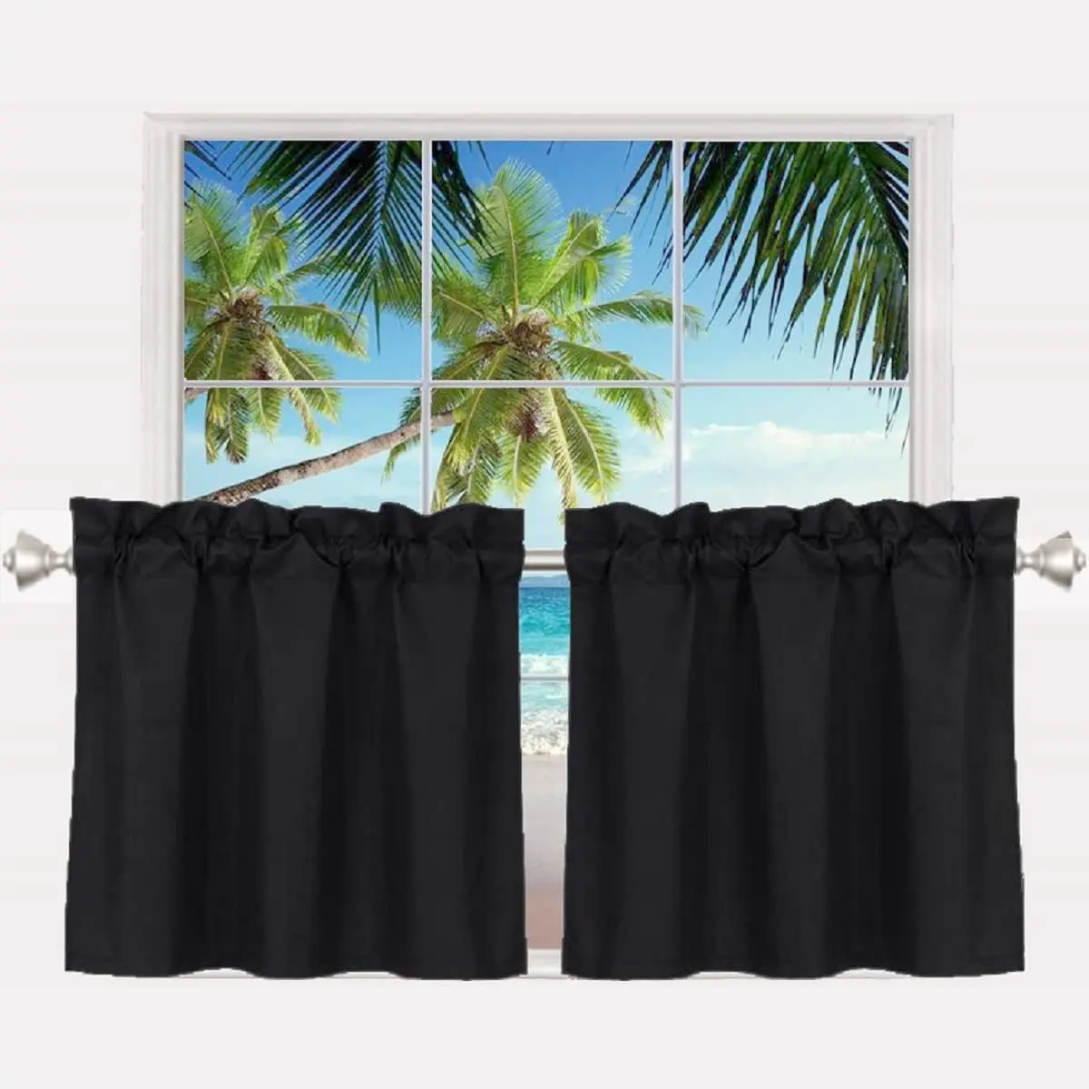 24 Inch Long Blackout Tier Curtains for Small Windows, Short Rod Pocket Half Window Curtains for Kitchen, Cabinet, Basement, Camper, 2 Panels, Black, 30 Inches WideGift