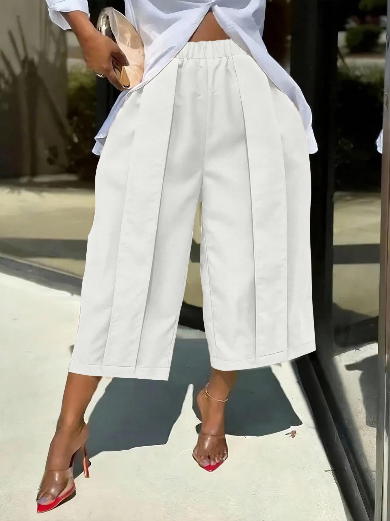 Women's Wide Leg Seven-Quarter Pants Bottom, Summer New Arrival, Elastic Waist, Pleated Slim Fit, Casual Camouflage Workwear
