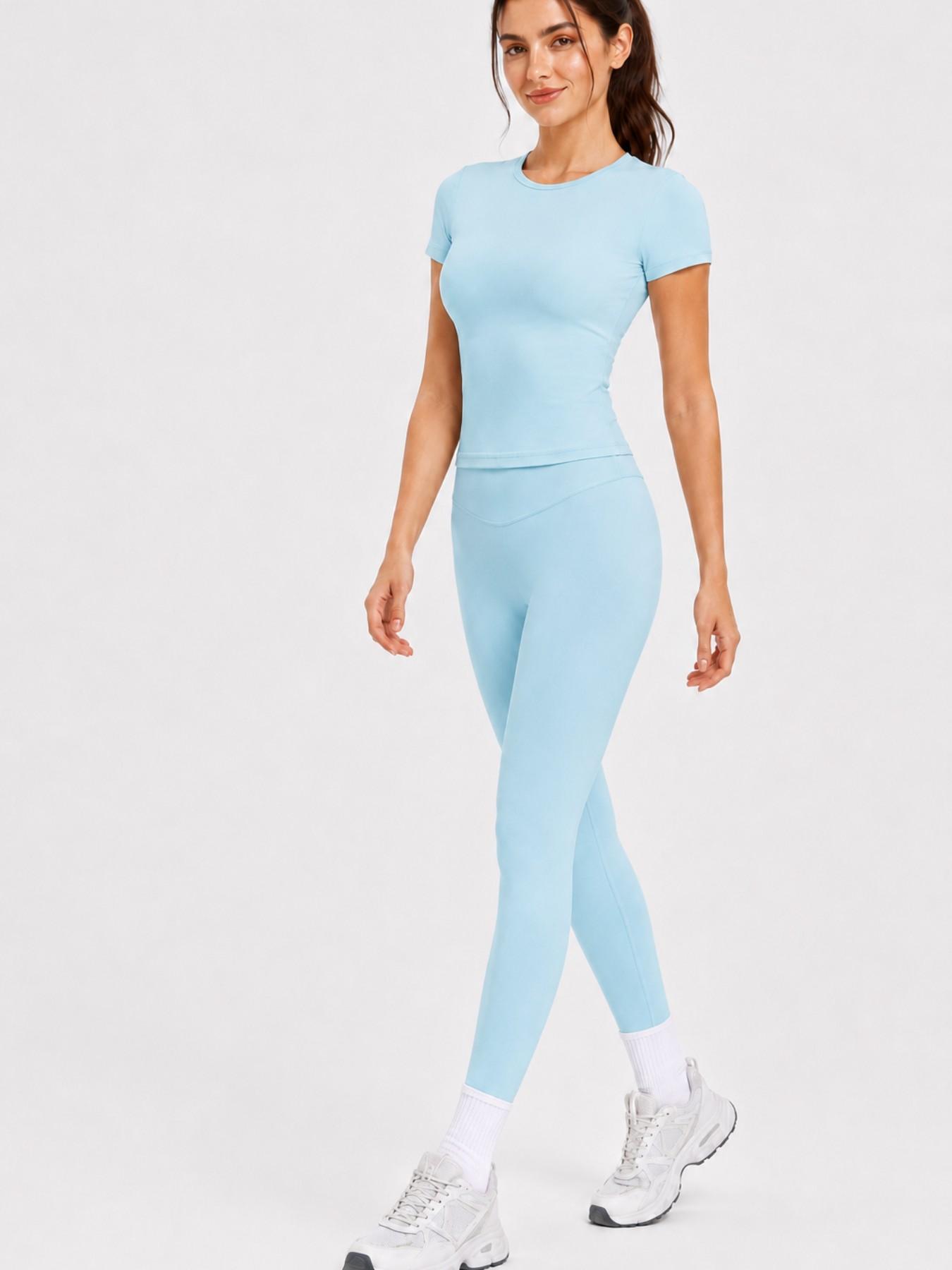 Women's 2 Piece Workout Outfit Sets, Short Sleeve Crew Neck Crop Top & High Waist Yoga Leggings, Casual Athletic Fitness Activewear Tracksuit