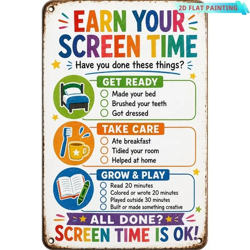 8*12in 2D Antique Rust Earn Your Screen Time Parenting Helper Daily Habit Planner Metal Wall Sign Children Behavior Management Chore Checklist Decor cool stuff for room