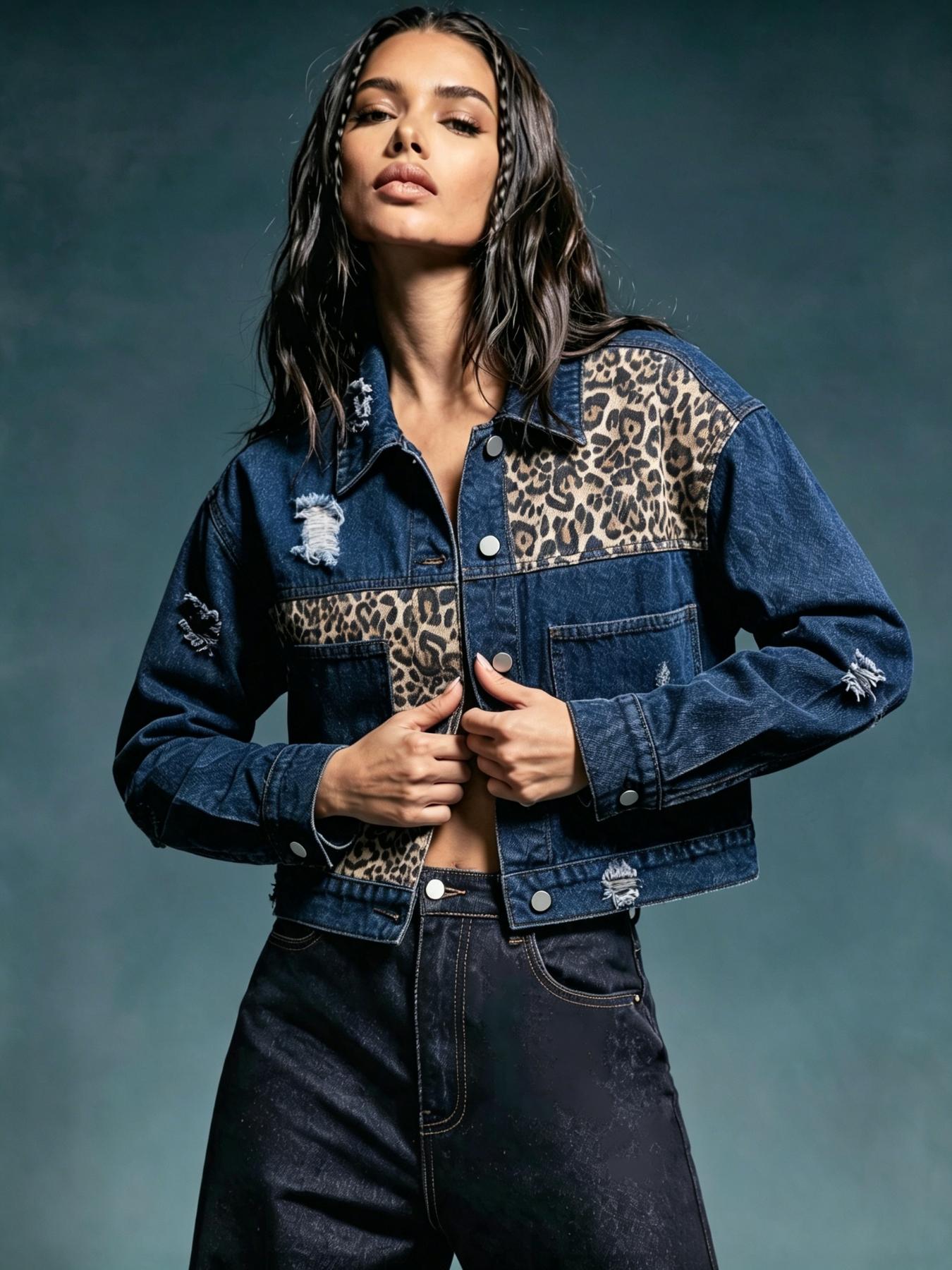 Women's Leopard Print Denim Jacket, Vintage Millennial Street Style, Loose Fit, Baggy, Long Sleeve, Button Closure, Casual Outerwear, Coats