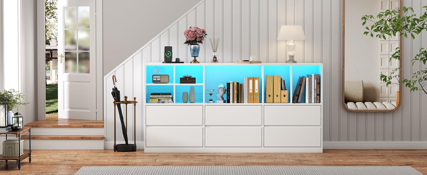 Dresser for Bedroom with 6 Drawers, Chest of Drawers with Led Lights&Charging Station, Storage Drawers with 7 Open Cubbies cicada  drawer nursery  dresser living room drawer