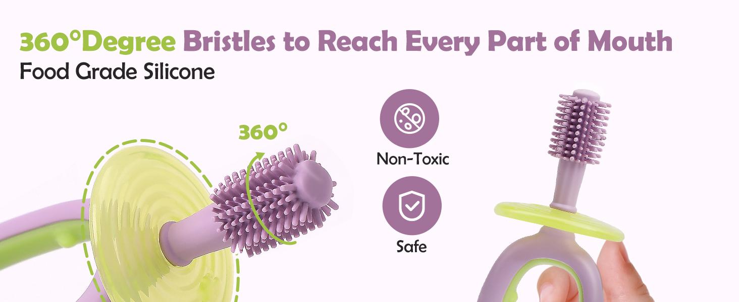 360° Baby Toothbrush with Suction Base,Toddler 12 Months up,Infant Oral Cleaner, Baby Tongue Cleaner,Food-Grade Silicone,Adjustable Safety Shield