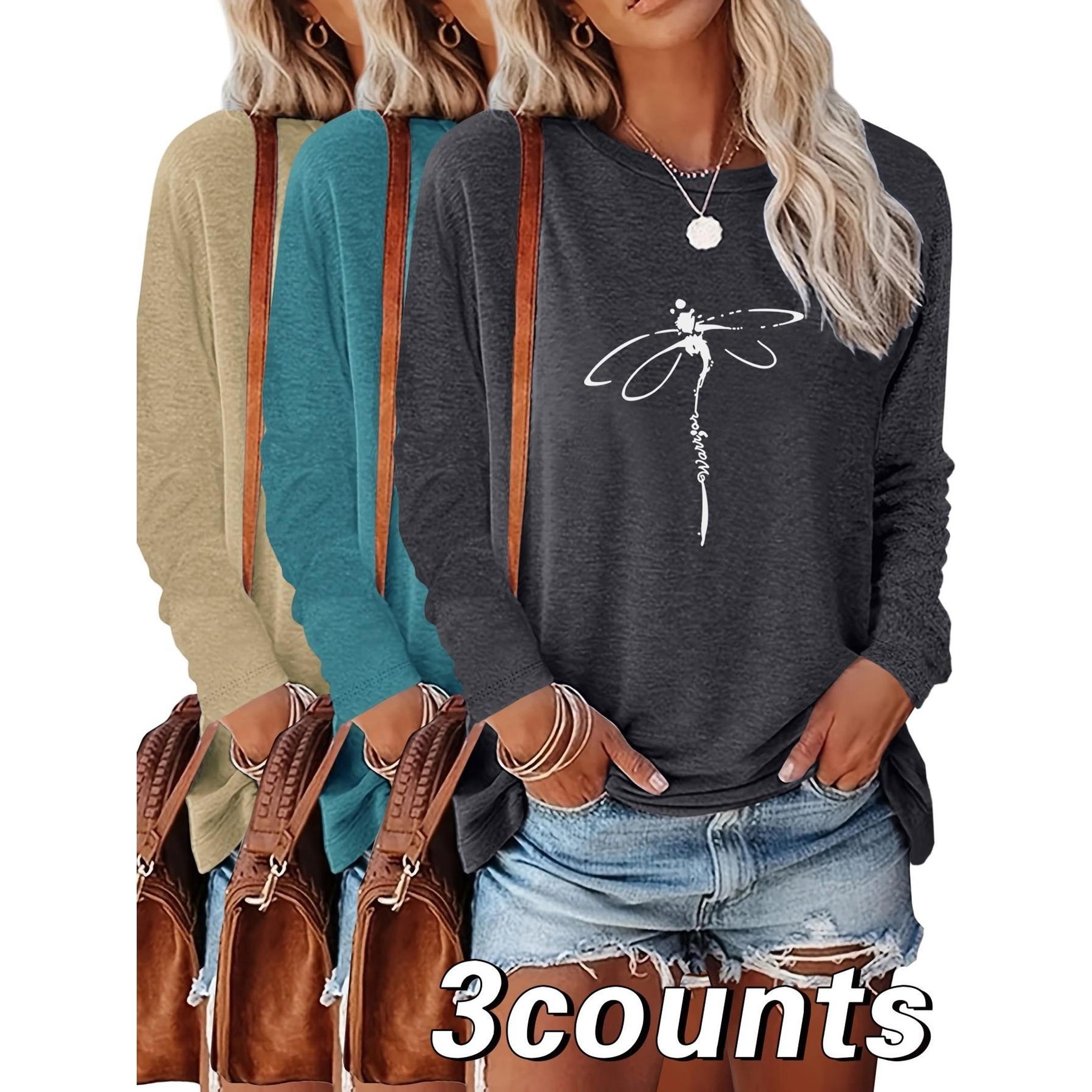 Women's Dragonfly Print Round Neck Tee, Casual Long Sleeve Crew Neck T-Shirt for Summer, Fashion Women's Top for Daily Wear, Everyday