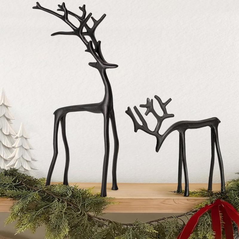 Set of 2 Rein deer Statues, Alloy Christmas Figurines, Deer Sculptures, Holiday Decorations, Festive Home Ornament