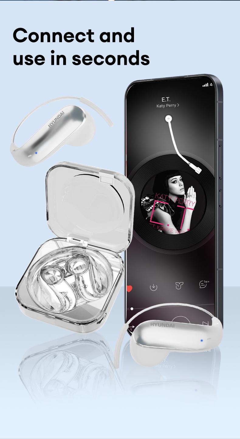 HYUNDAI D78 Earhook Bluetooth Earphone, with a new lightweight and micro in ear titanium alloy ear hook design, paired with a transparent and stylish headphone compartment, is very suitable for fashionable young people, work, leisure, sports use, etc