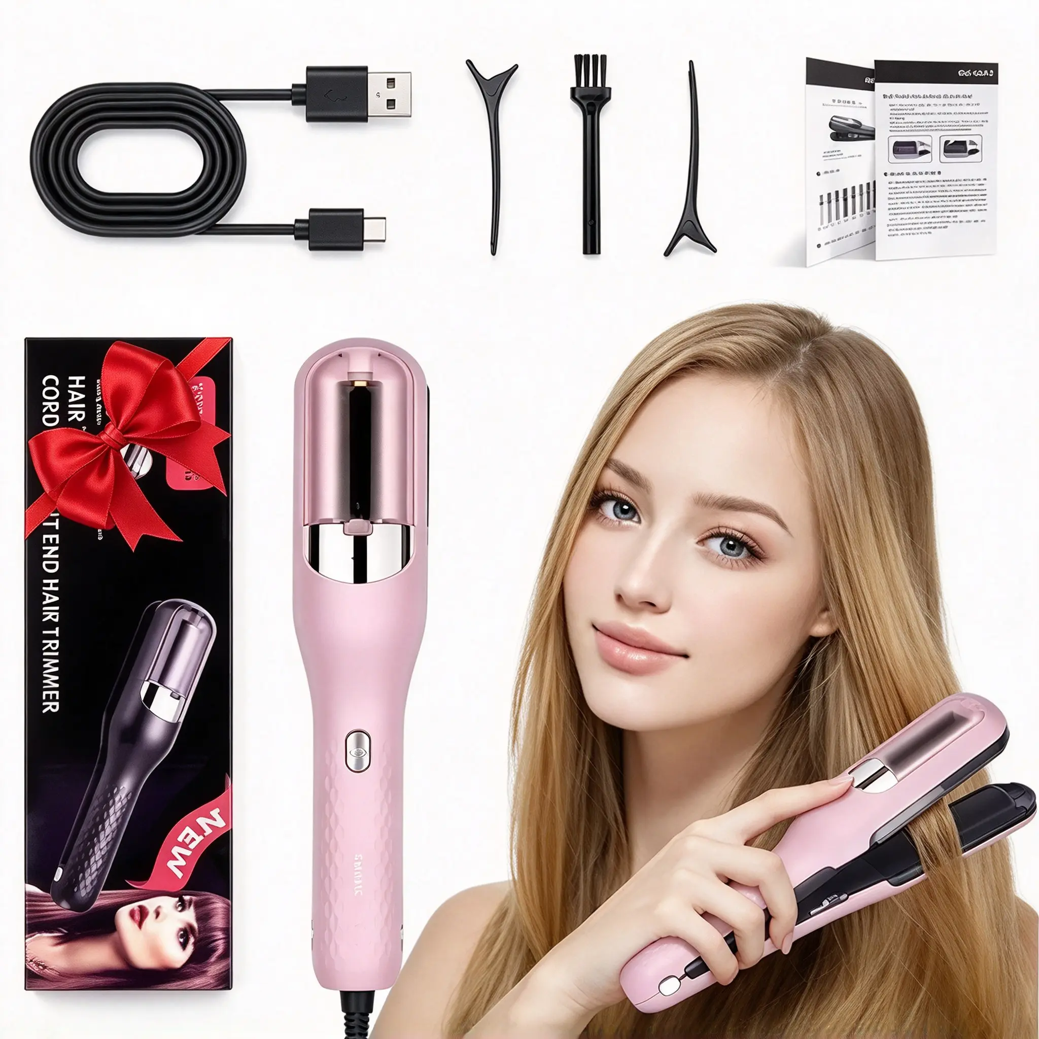 Cordless Split End Trimmer - Original Battery-Powered Household Hair Trimmer for Damaged, Fragile, Curly, Wavy, Straight Hair, Safe Snip Trim Ends Tool, Light Pink & Black, US Plug