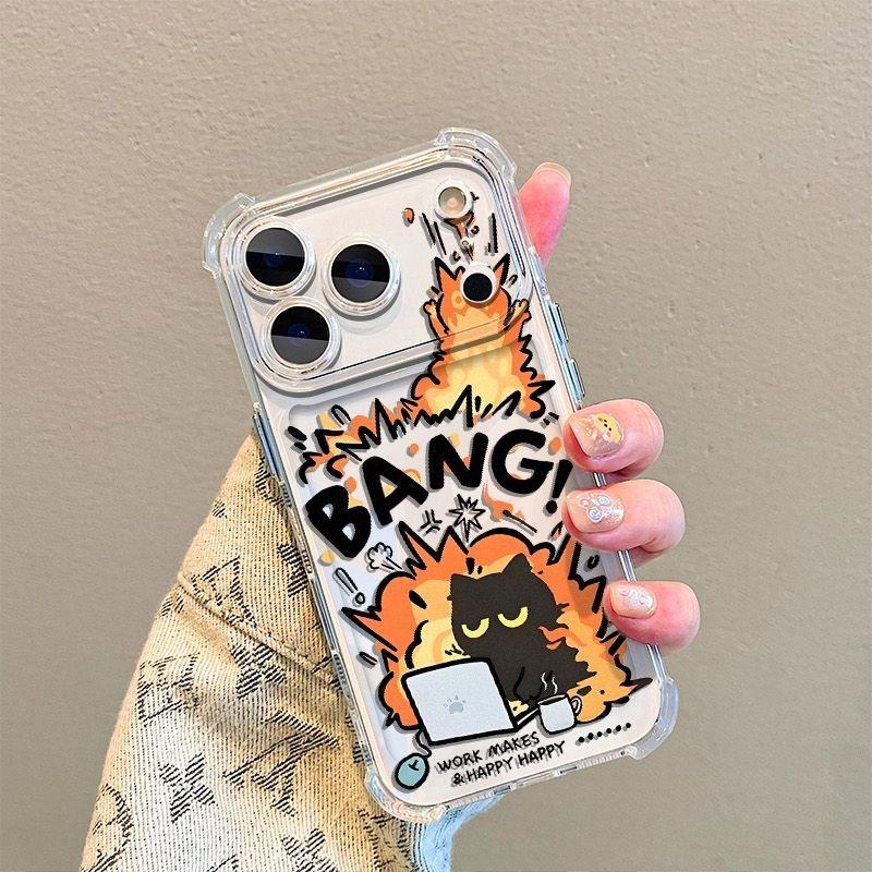 Cartoon Bang Explosion Cat Phone Case with Lens Film, Shockproof, Compatible with iPhone 17/17 Pro Max, Student Girls' Heart Style