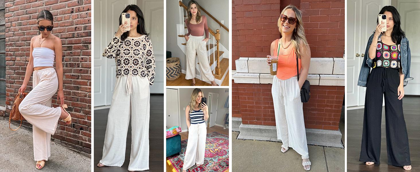 Molitree Women's Cotton Linen Summer Palazzo Pants Flowy Wide Leg Beach Trousers with Pockets Womenswear Bottom