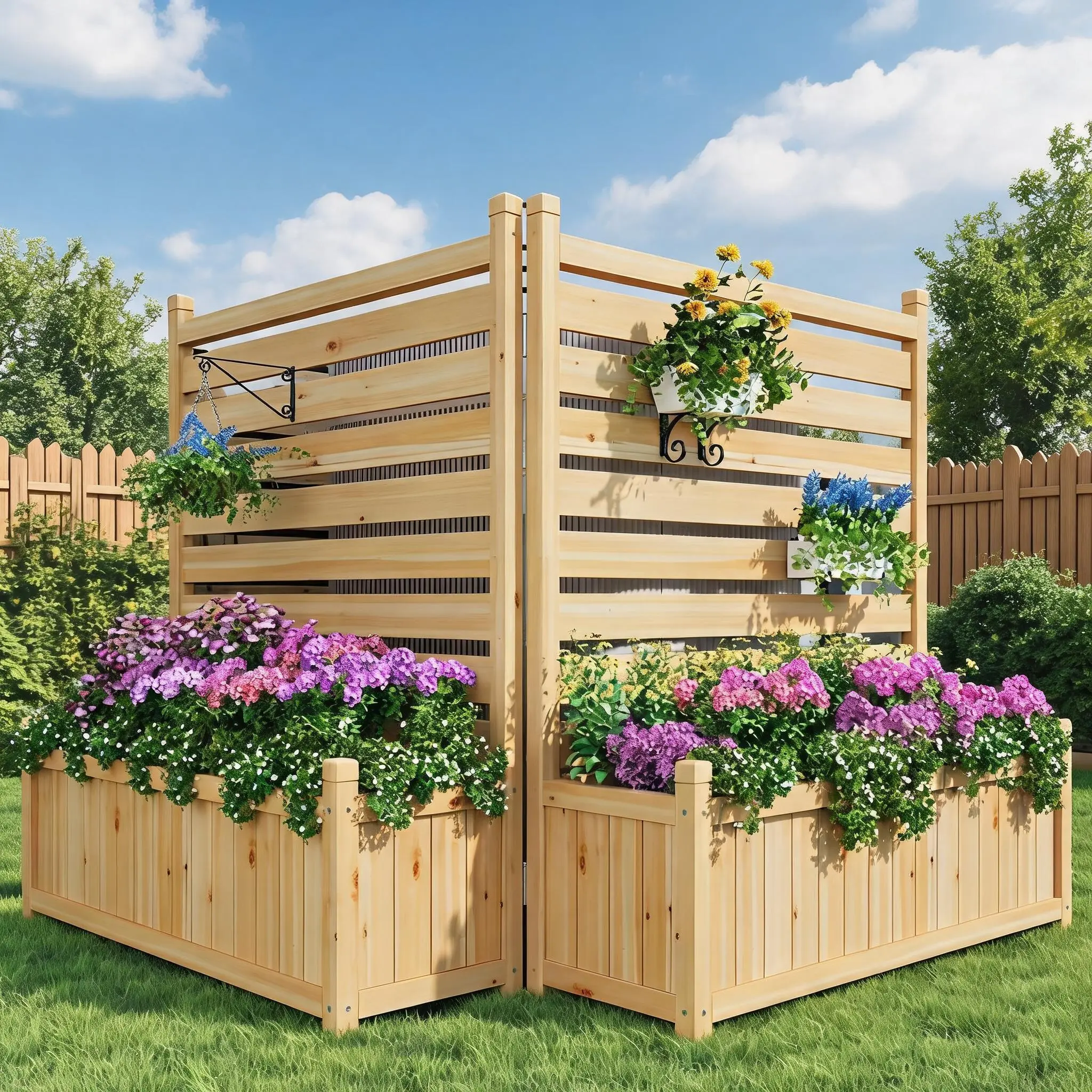3-Panel Wood Privacy Screen with Built-In Planter Box – Freestanding Fence for AC Unit, Trash Cans & Pool Equipment – No-Dig Outdoor Enclosure