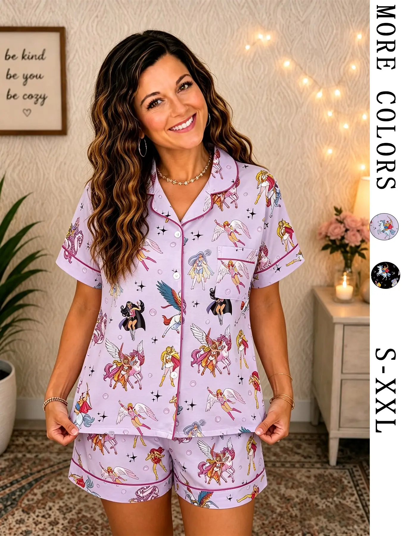 Women's Fun Novelty Nostalgic Character Pajama Set | Vintage Magic Girl & Unicorn Print Short Sleeve Button Down Sleepwear | Soft 2-Piece Summer Lounge Outfit with Contrast Piping | Chic Sleep Gift