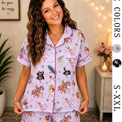 Women's Fun Nostalgic Character Pajama Set, Vintage Magic Girl & Unicorn Print Short Sleeve Button‑Down Top & Shorts, Chic Sleepwear Gift, Soft Summer with Contrast Piping, Pyjamas Set