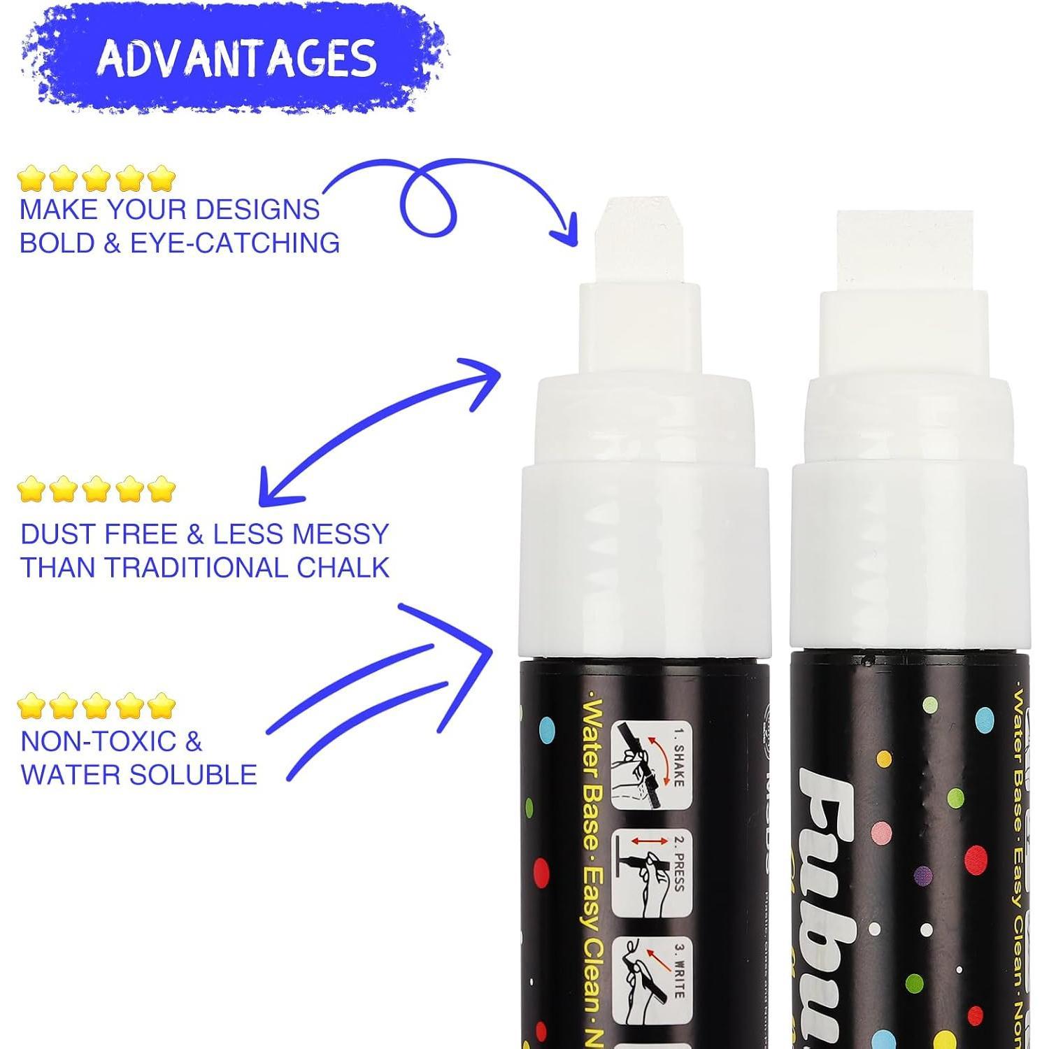 Window Chalk Markers for  5 Pack Washable,White   Liquid Chalk Marker with 15mm Thick Tips, Big Chalkboard Markers for  Window, Glass, Auto, Bistro, Mirror, Poster