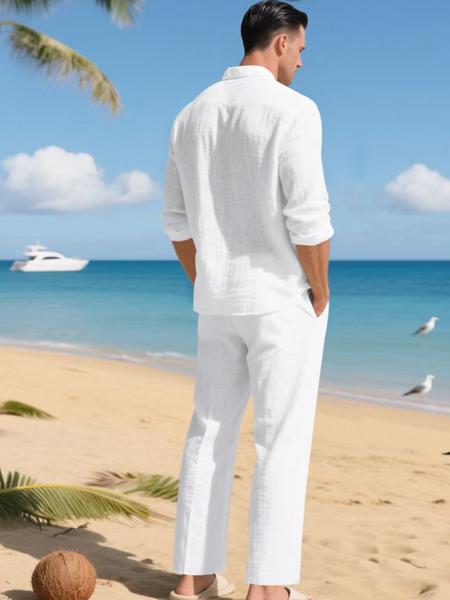 Men's Summer Linen Shirt & Pants Set, Casual Long Sleeve Beachwear, Comfortable Fashion Clothing for Vacation