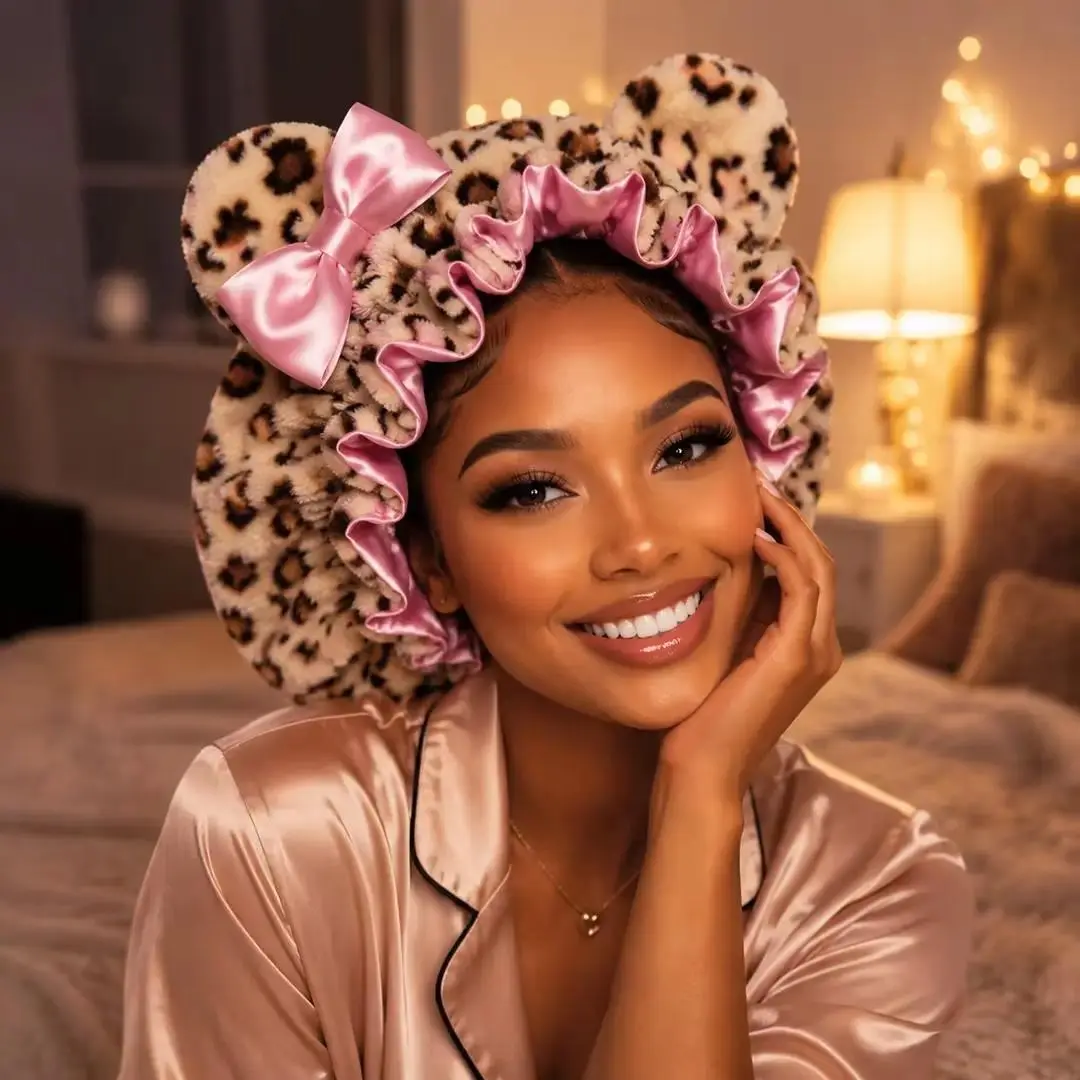 Women's Premium Plush Leopard Satin Bonnet for Sleeping – Double Layer Curly Hair Nightcap with Comfort-Fit Elastic Band & Animal Ears, Haircare, Beauty Products, Hydrating, Gifts For Adulting Women, Hair Cap For Sleep, Heatless Curls