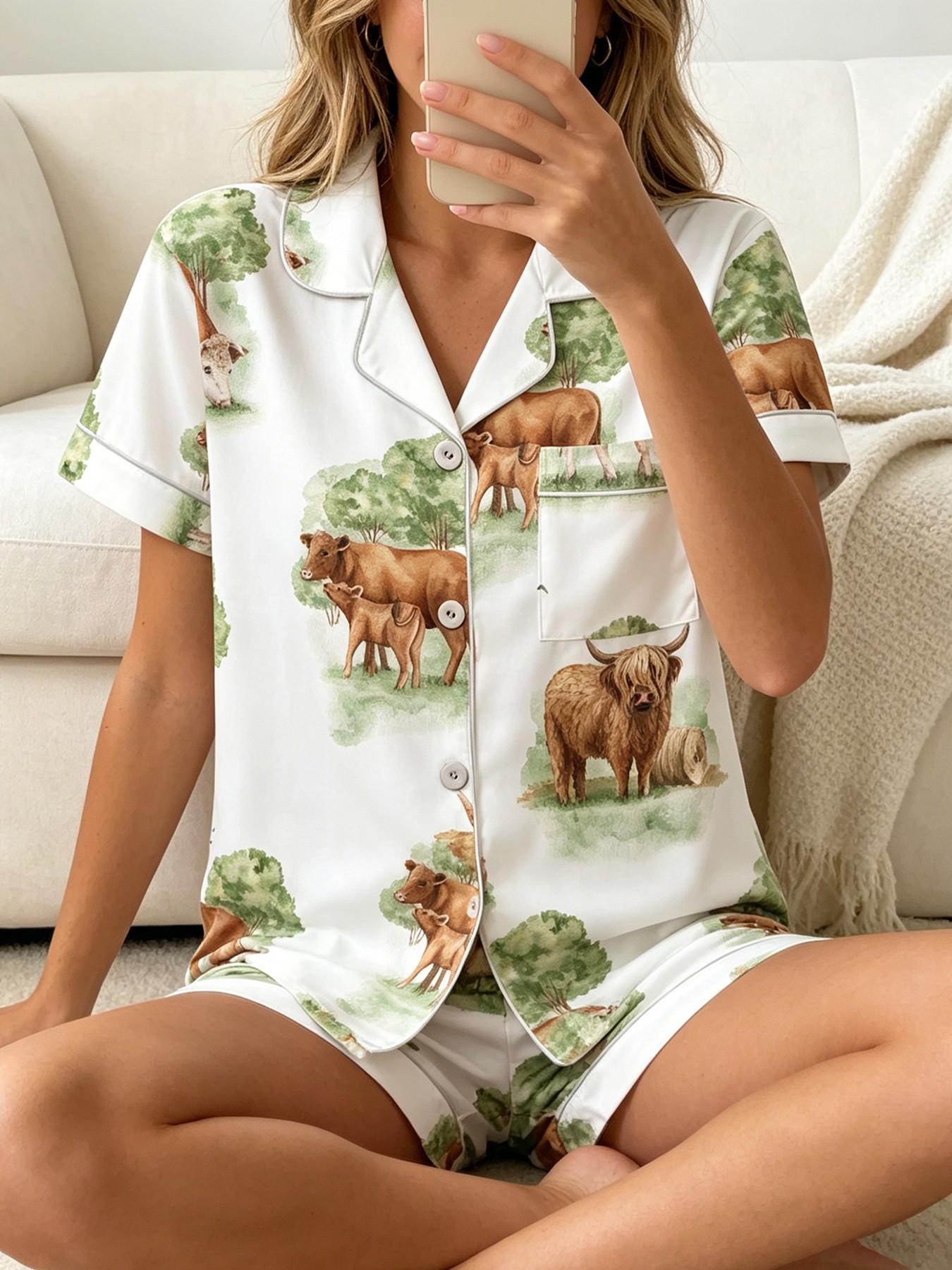 Women's Short Sleeve Button Down Top and Shorts Pajama Set, Spring Summer Wear, For Country Style Lovers, White Base Vintage Farm Print, Classic Lapel Collar, Loose Fit, Comfortable For Home & Gatherings