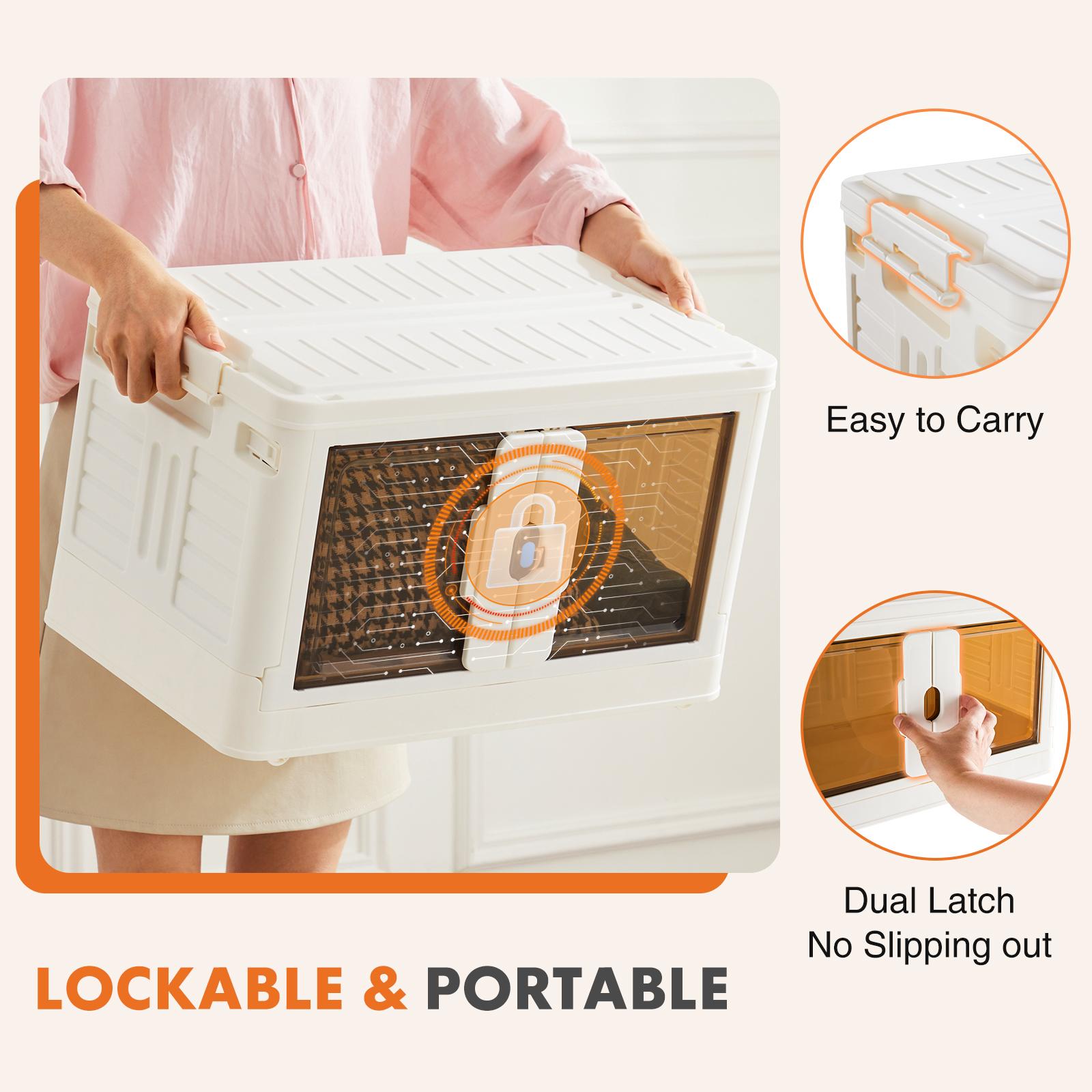 Stackable Plastic Storage Box with Lid Foldable Storage Box with Door and Wheels, Portable Lockable Storage Box for Living Room
