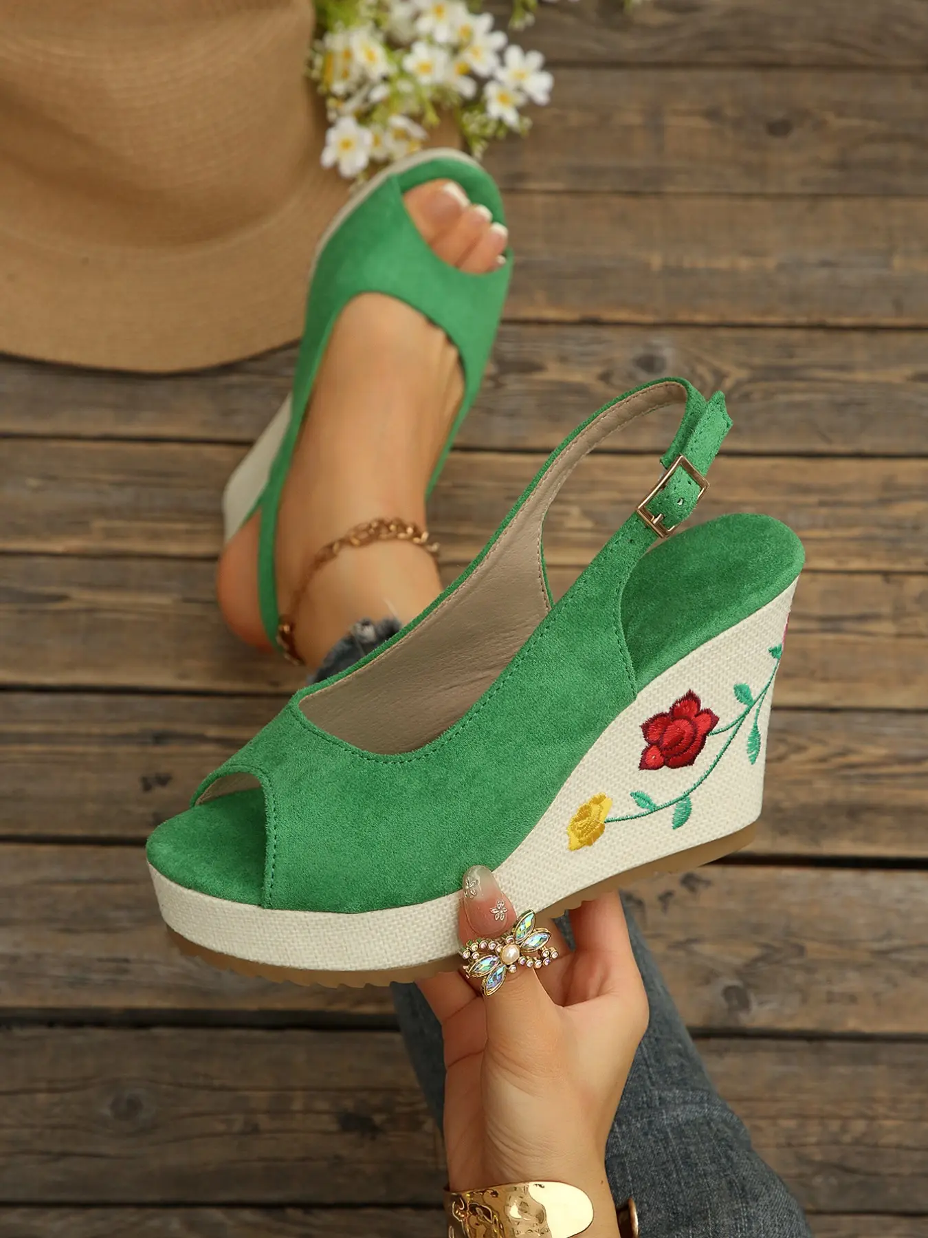 Women Nude Suede Peep Toe Slingback Wedge Sandals, Floral Rose Embroidery, Platform High Heels, Vacation Summer Dress Shoes