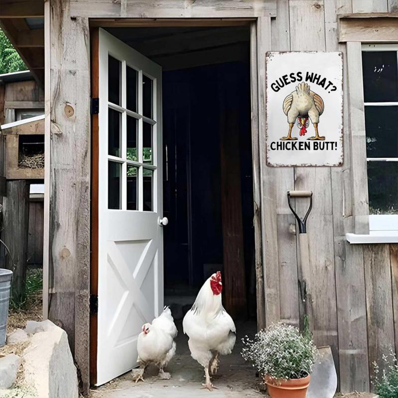 Funny Chicken Coop Metal Sign - "Guess What? Chicken Butt" Poster Mural - Suitable for Farmhouse, Outdoor Courtyard Decoration, and Home Decoration