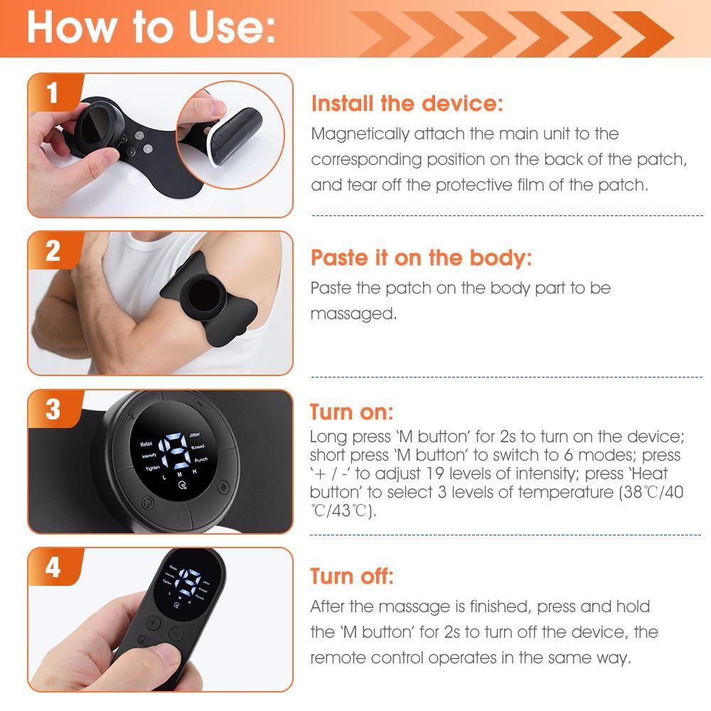 Portable Massage Patch with Remote Control Digital Display, 6 Modes 19 Levels, Multifunctional Shoulder Neck Back Full Body Massager, Muscle Stimulator