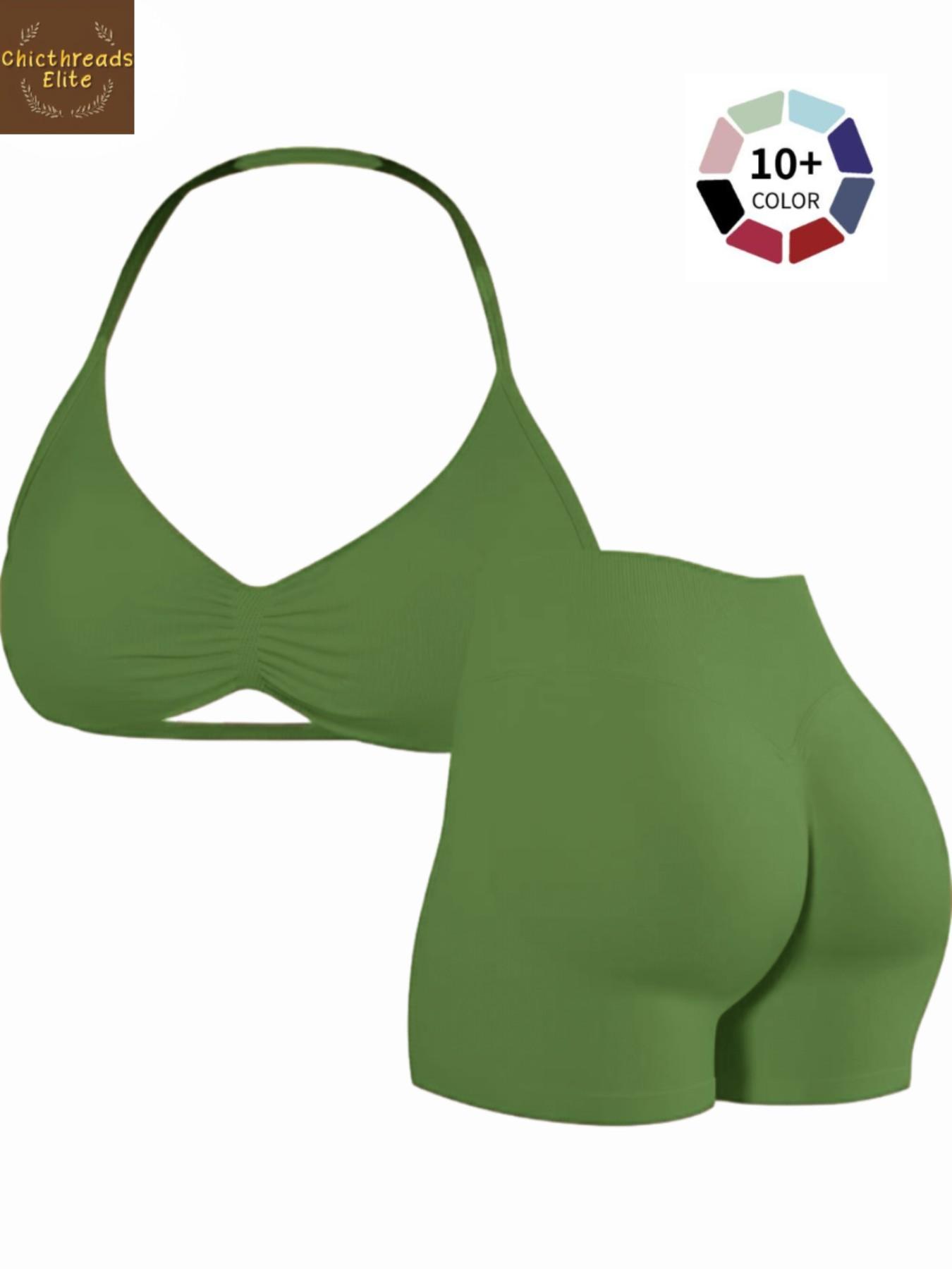 Women's Two-Piece Set, Solid Color Halter Top & High Waist Shorts, Sporty Breathable Quick-Dry for Yoga Gym Workout Running