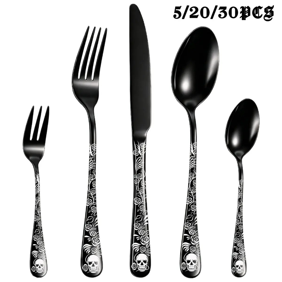 5/20/30pcs Skull and Rose Cutlery Set, Durable Stainless Steel Flatware, Gothic Style for Halloween, Thanksgiving, Christmas, New Year Gifts