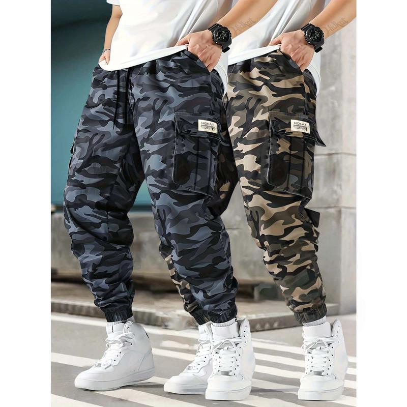 Men's 2 Piece Camouflage Cargo Joggers Breathable Casual Trousers, Camo Print Trousers, Casual Athletic Pants, Universal, Drawstring Elastic Waist, Loose Fit, Ankle Tie, Roomy Pockets (Phone+Keys, Side), for Outdoor & Daily Wear (Black, Gray)