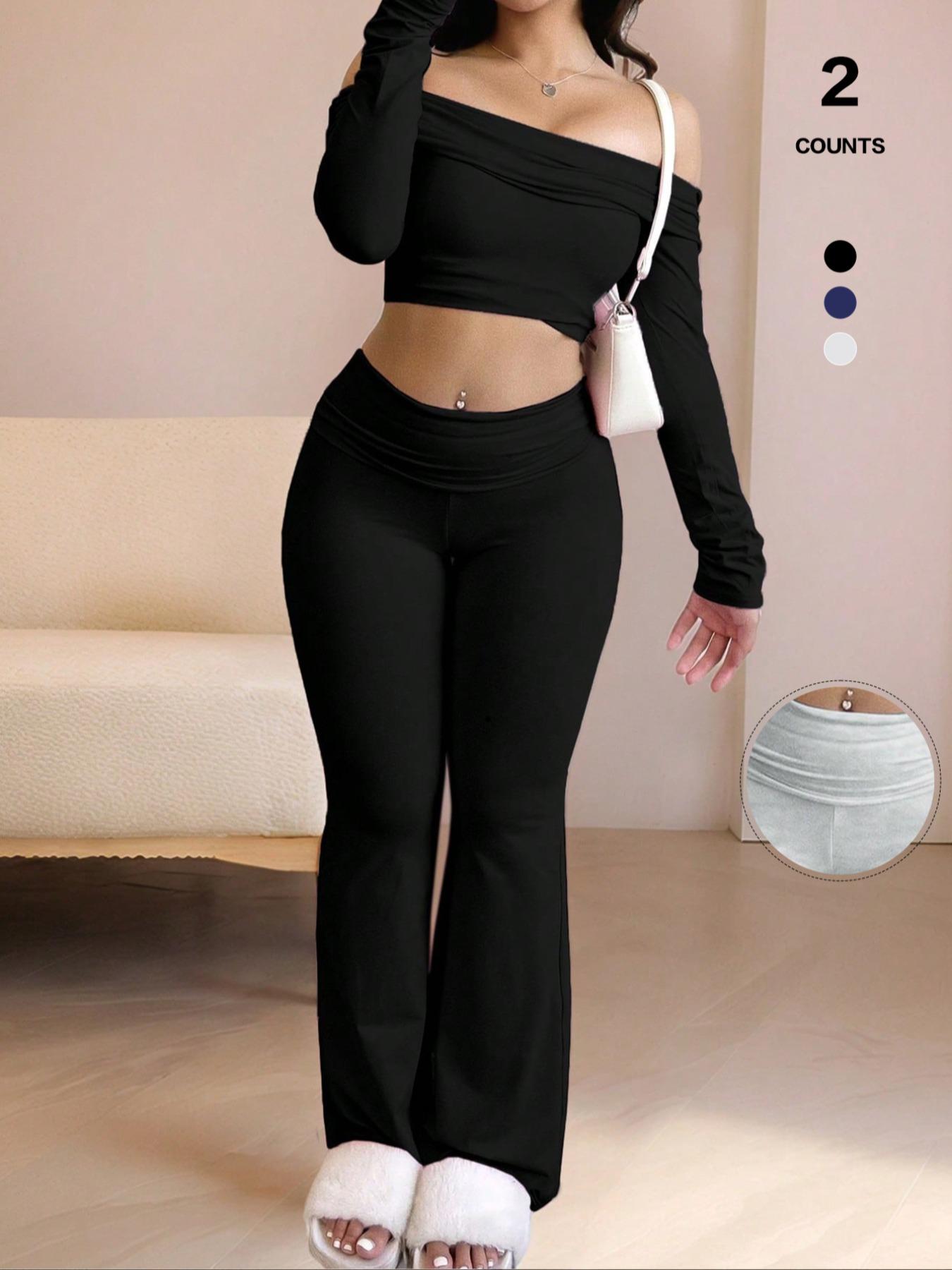 Women's Off-The-Shoulder Long-Sleeve Crop Top & Flared Pants Set, Casual Athletic Pajamas, Loungewear, Solid Color, All Seasons, Comfortable Fit