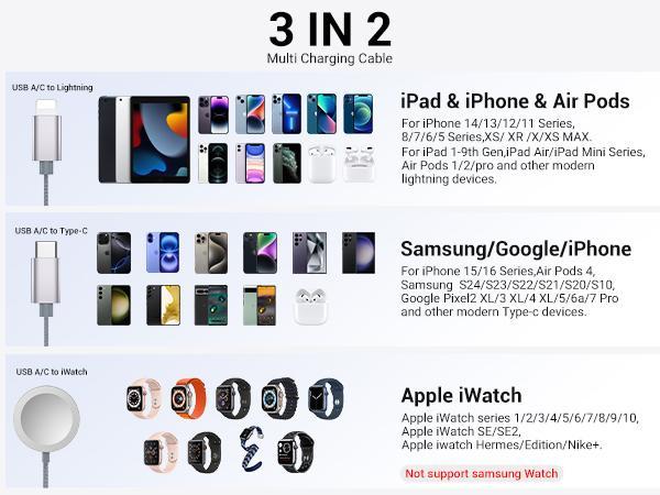 Temdan for IWatch Charger,3 in 2 USB C Cable for iPhone 16 Charger/Type C/Lightning Multi Charging Cable Travel Essentials PS/2 Cables Compatible with iWatch Ultra/SE/10-1&iPhone 16-12-4FT