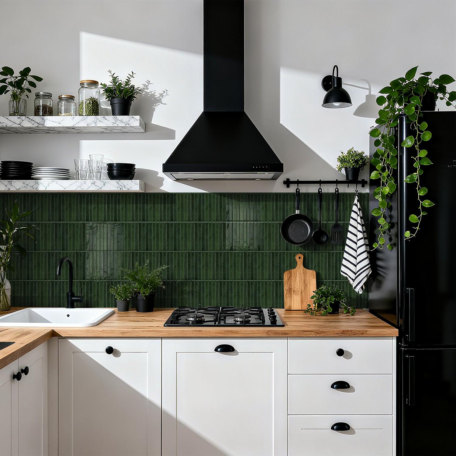 3D Emerald Vertical Stripe Self-Adhesive Wall Sticker, Waterproof Impact-Resistant Soundproof, Kitchen Backsplash Renovation, French Vintage DIY Decor