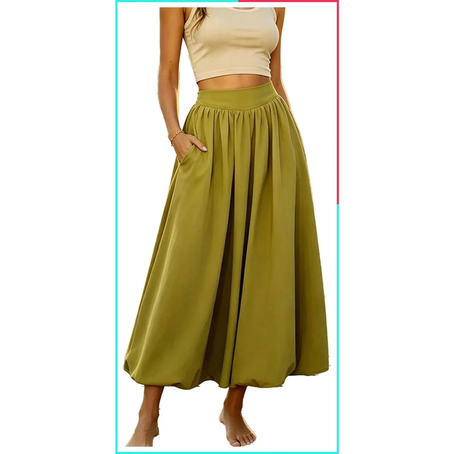 Women's Y2K Puffy Bubble Hem A-Line Maxi Skirt with Pockets, Elastic Waist