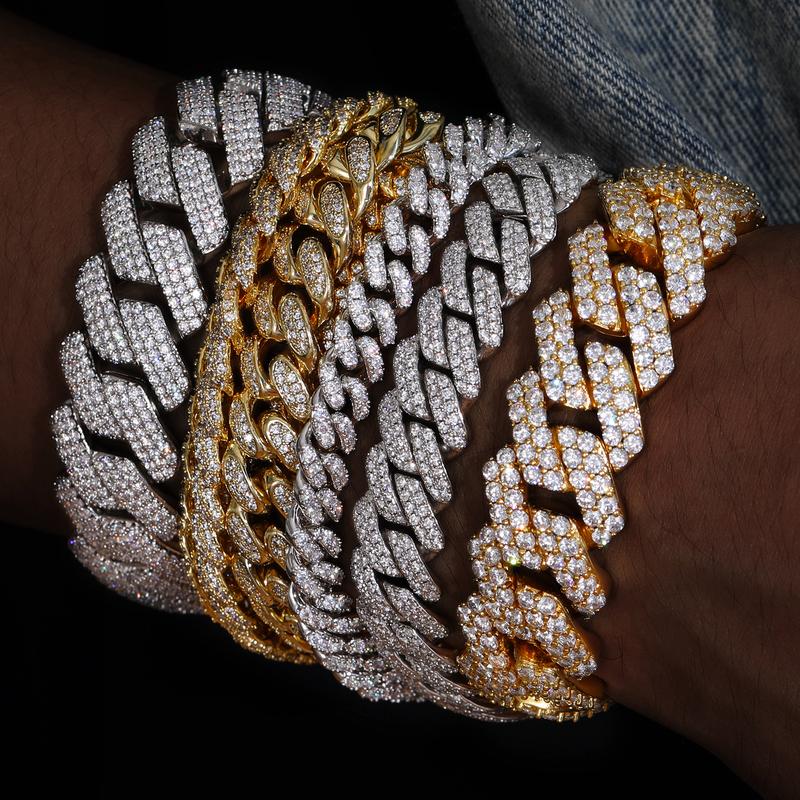【#B15 20mm】Men's Hip Hop Bracelet Bubble Shiny Synthetic Moissanite Cuban Chain Bracelet 925 Sterling Silver Rock Rapper Fine Jewelry